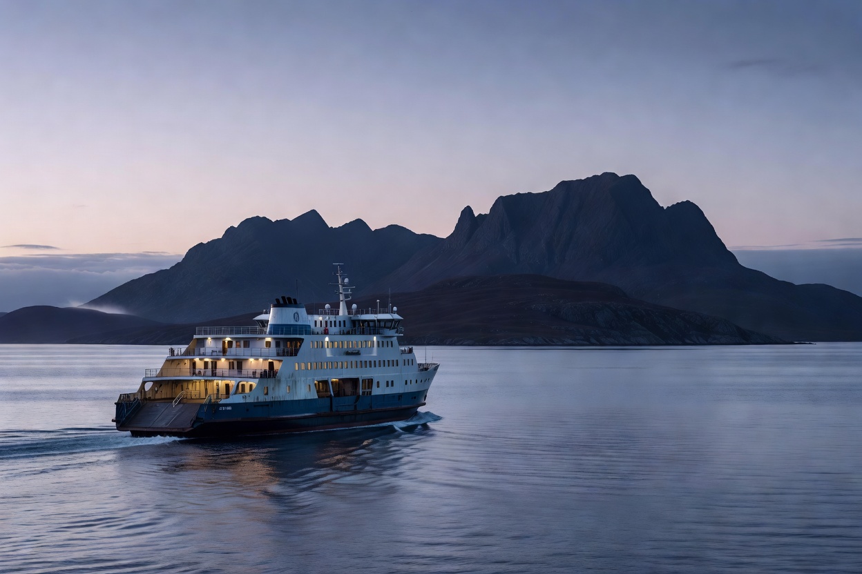 Soft-lit 3D render of an island ferry approaching mountain silhouettes