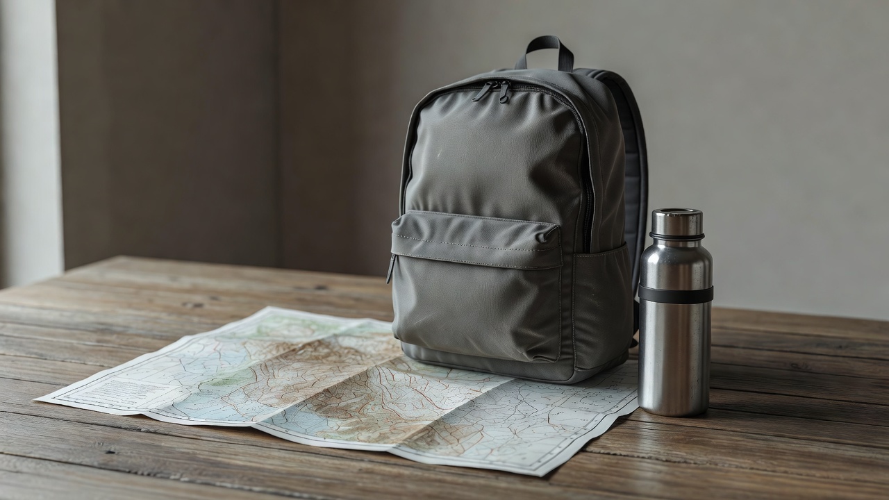 Soft-lit 3D render of a compact backpack with map and water bottle