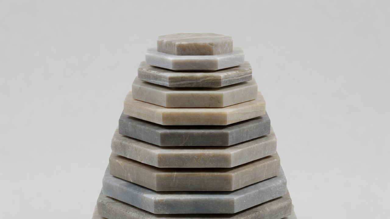 Soft-lit 3D render of stacked hexagonal geological forms on a plain background