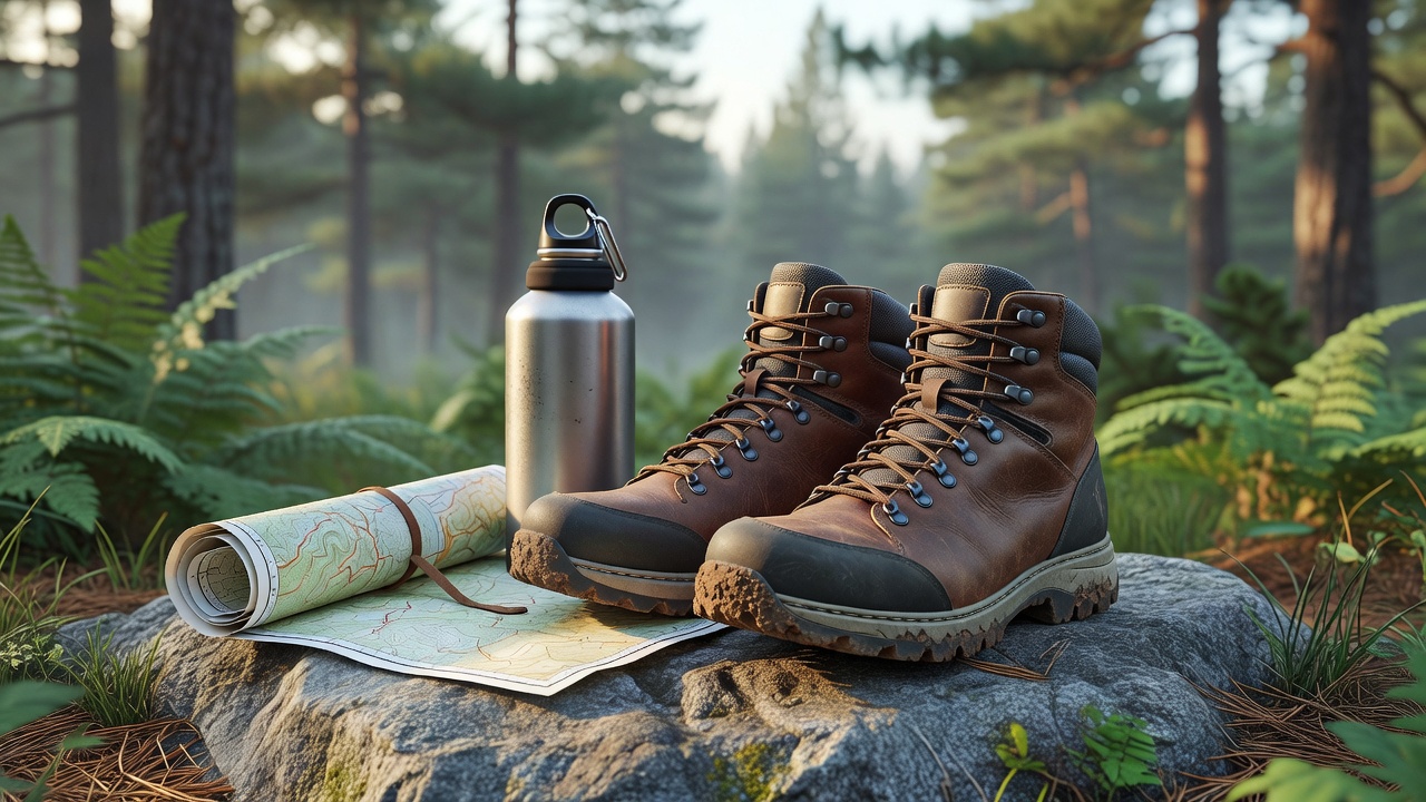Soft-lit 3D render of hiking boots beside a rolled map and water bottle