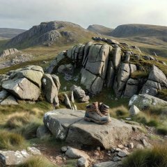 Soft-lit 3D render of gritstone hills and a walking boot