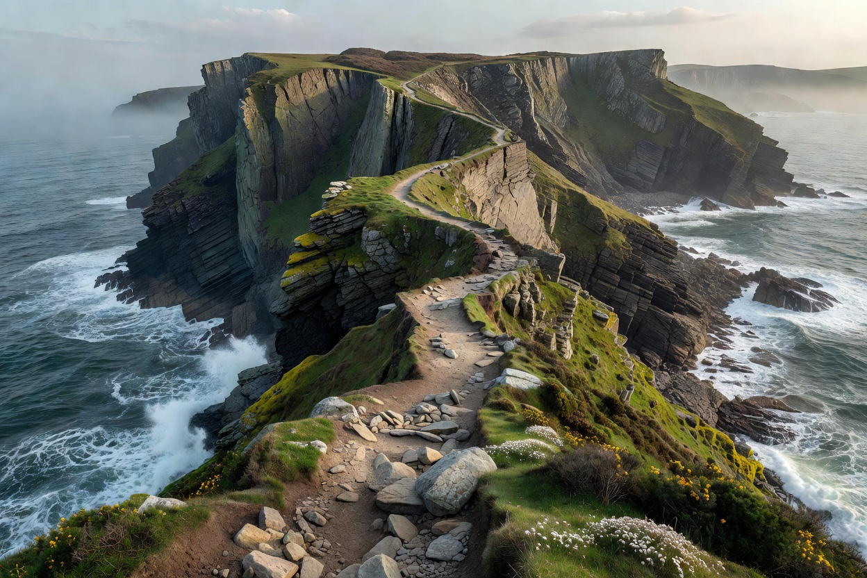 Soft-lit 3D render of a rugged coastal path and sea cliffs
