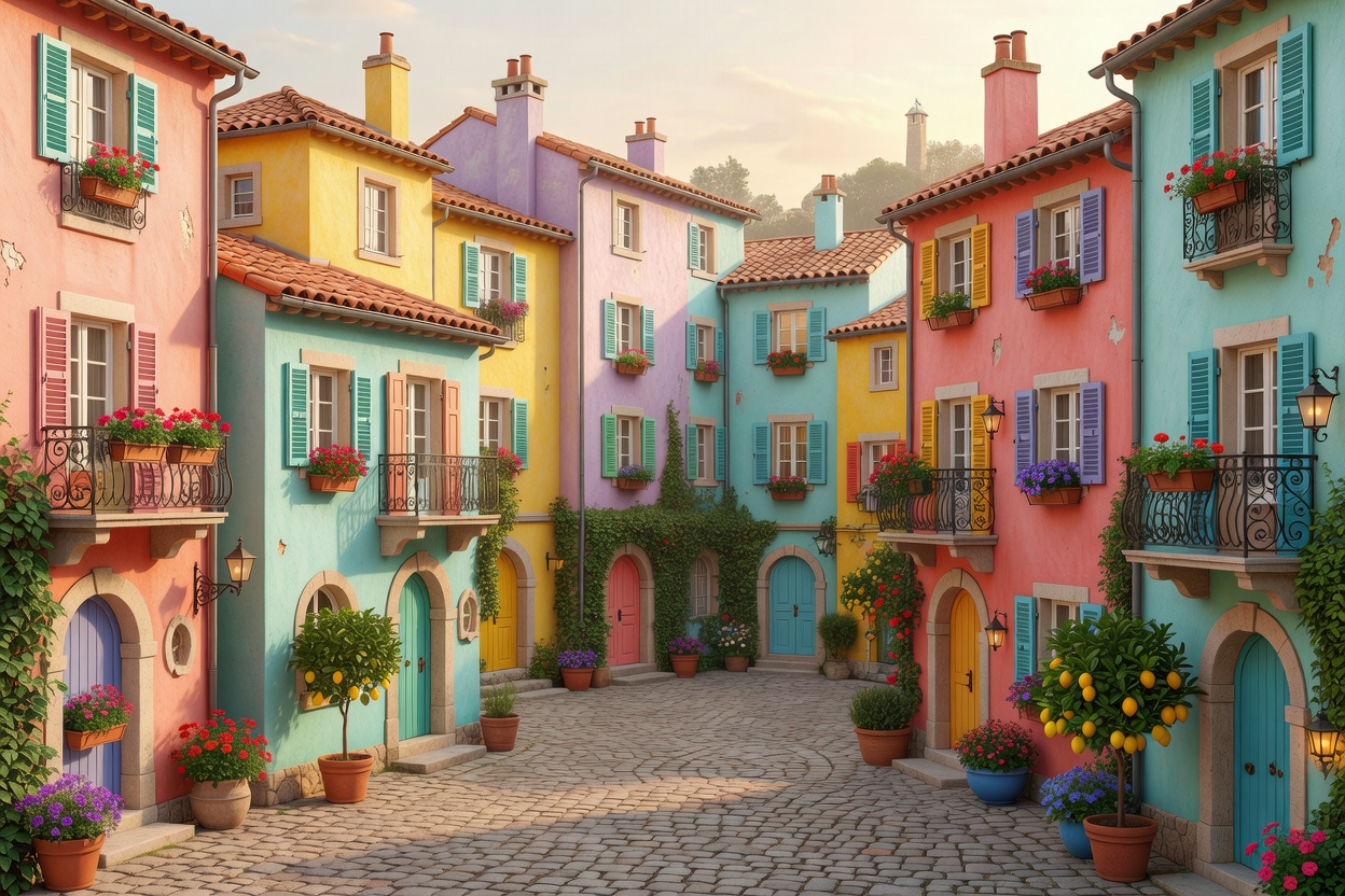 Soft-lit 3D render inspired by colourful Italianate village architecture