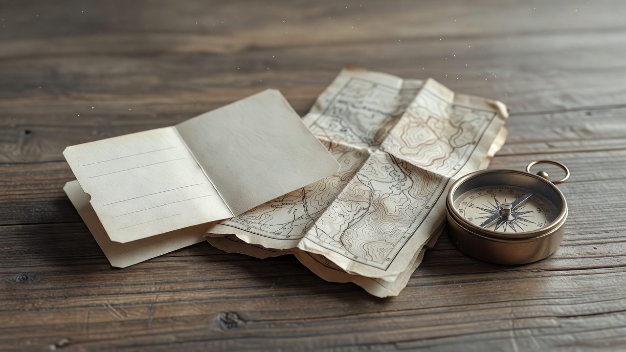 Soft-lit 3D render of a rail ticket, folded map and small compass