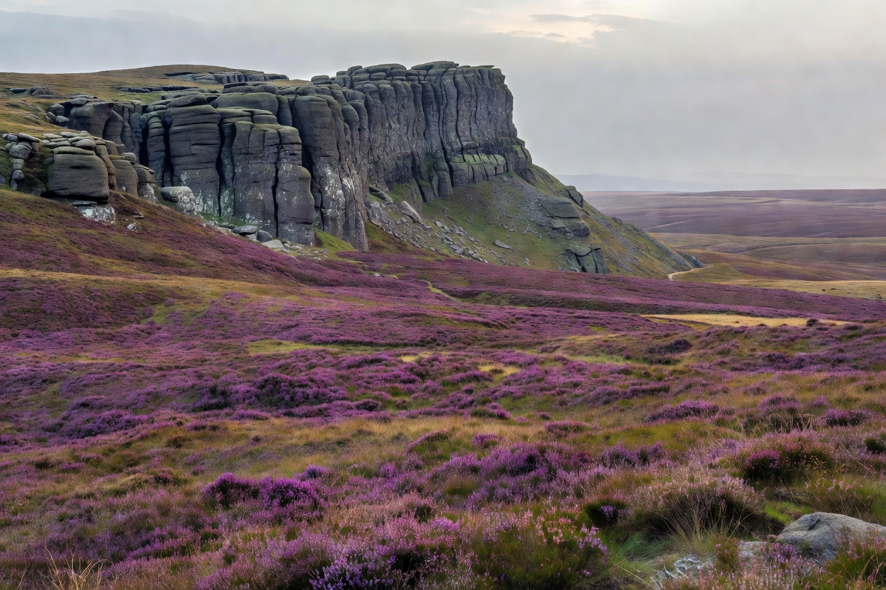 Soft-lit 3D render of gritstone edge above heather moorland